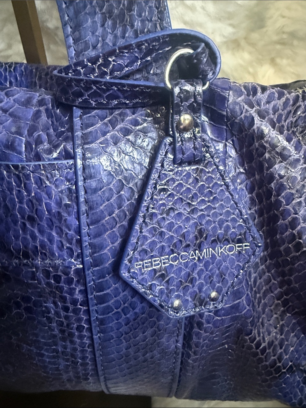 Rebecca Minkoff Blue Embossed Leather Snakeskin Barrel Satchel - Picture 3 of 6